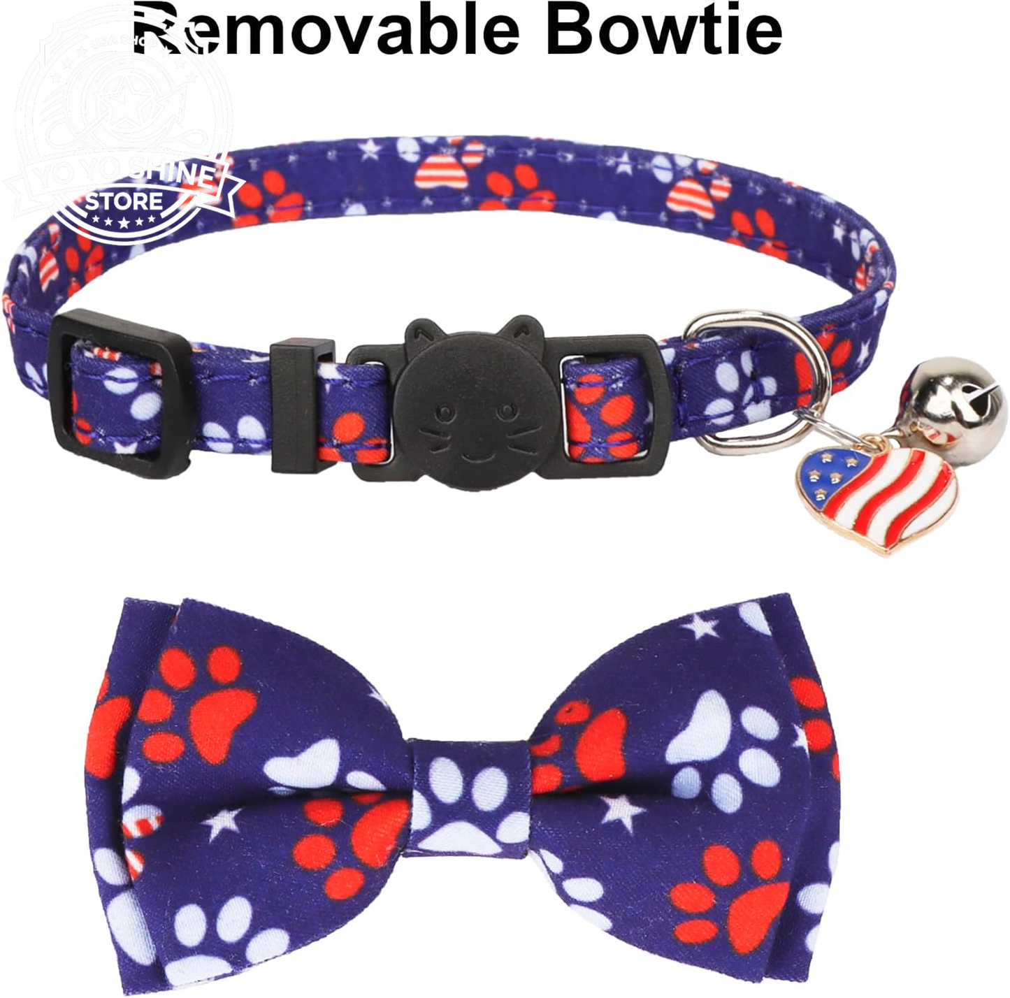 American Flag Cat Collar Breakaway with Bow Tie Bell - 2 Pack 4Th of July Kitten Collar with Removable Bowtie Red Blue American Flag Collars for Cat Kitten