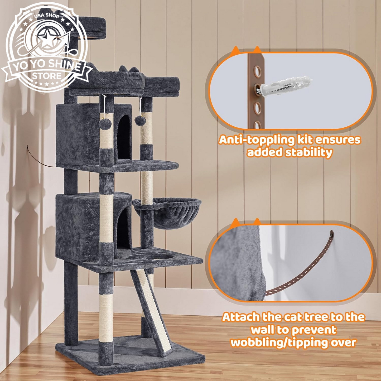 Yaheetech 69In Cat Tree Tower, 2 Condos, Scratching Posts & Cat-Ear Perches