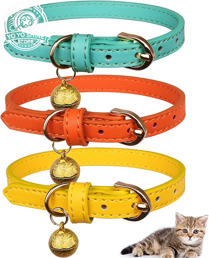 3 Pack Leather Cat Collars with Bells Soft Pet Safety Collar Kitten Collars with Bell Orange Yellow Mint Green(S)
