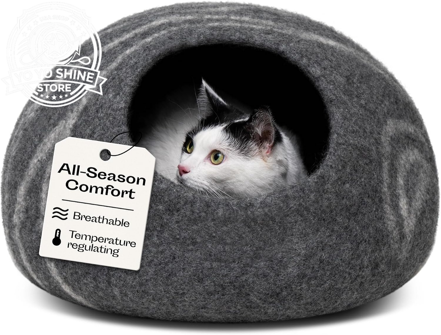 Cat Cave - Merino Wool Bed for Indoor Cats (Aquamarine, Medium)