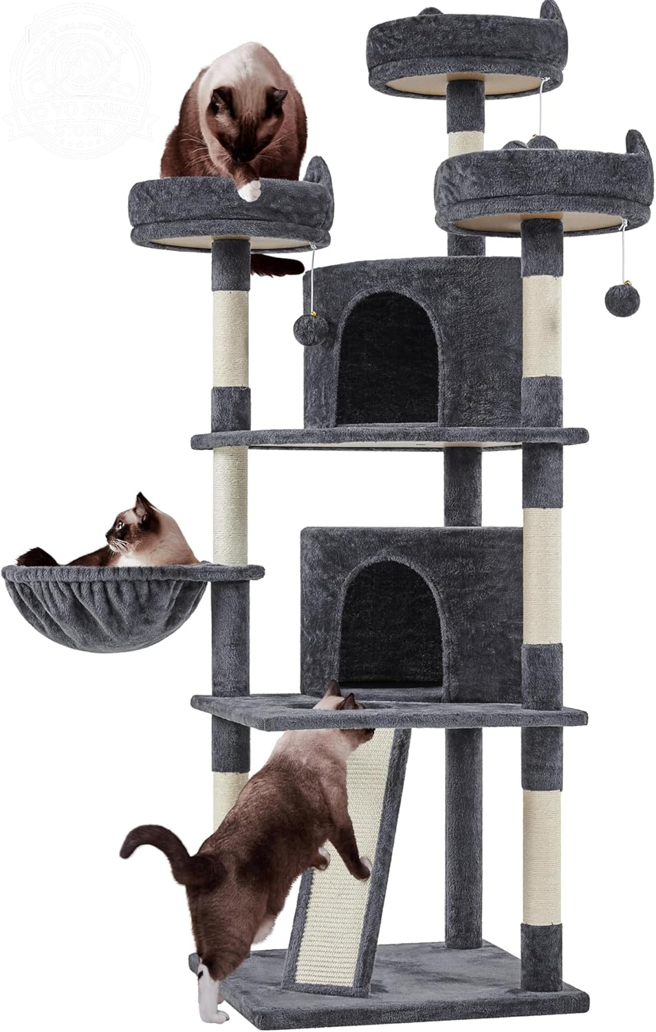 Yaheetech 69In Cat Tree Tower, 2 Condos, Scratching Posts & Cat-Ear Perches